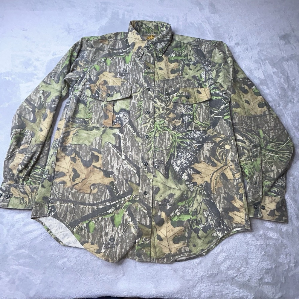 VTG No Trace Dan River Shirt Mens medium m Green Brown Mossy Oak Obsession Camo
